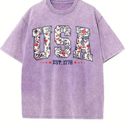 Floral USA Retro America Vintage Washed T-Shirt in Purple
