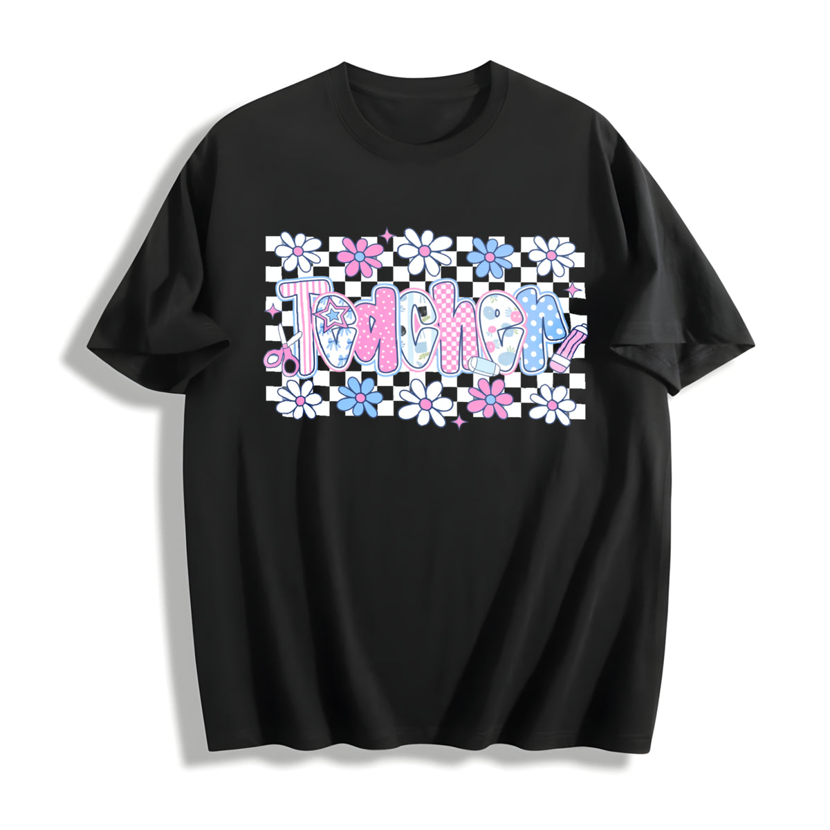 Coquette Teacher Preppy Floral Teacher Cotton T-Shirt in Black