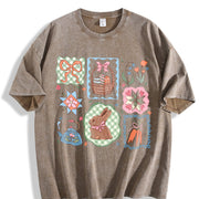 Coquette Easter Bow & Bunny Patchwork vintage washed oversized T-shirt in Brown