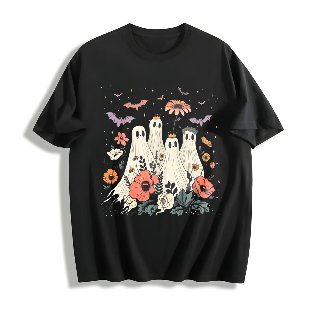 2024 Halloween Playful Ghosts with Crowns & Floral Bats Cotton T-Shirt in Black