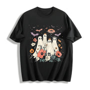 2024 Halloween Playful Ghosts with Crowns & Floral Bats Cotton T-Shirt in Black