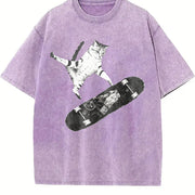 Skateboarding Cat Y2k Cat Vintage Washed T-Shirt in Purple
