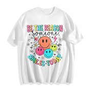 Smile Face & Flower Cotton T-Shirt in White