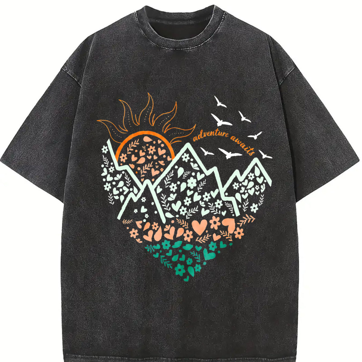 Floral Mountain Sunrise Vintage Washed T-Shirt in Black