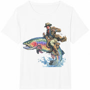 Cowboy Riding Rainbow Trout Cotton T-Shirt in White