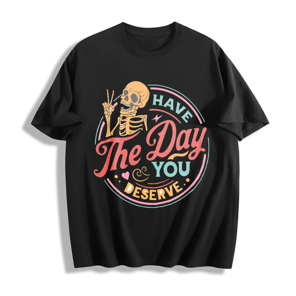 Skeleton Peace Sign Have the Day You Deserve Boxy Cotton T-Shirt in Black