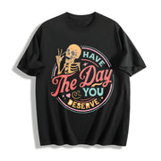 Skeleton Peace Sign Have the Day You Deserve Boxy Cotton T-Shirt in Black