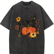 Halloween Holiday Animal Cat Floral Pumpkin One-piece Vintage Washed T-Shirt in Black