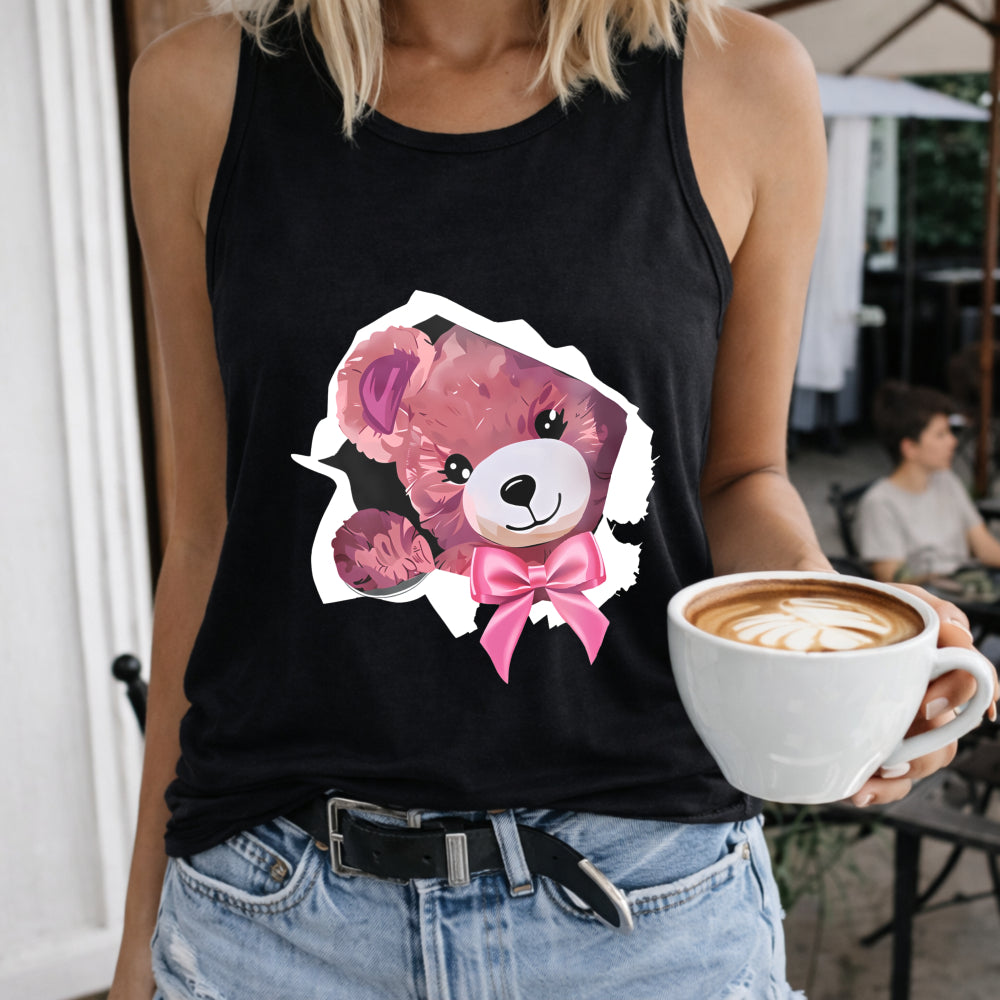 Teddy Bear Bow Women's Color Cotton Tank Top in Black