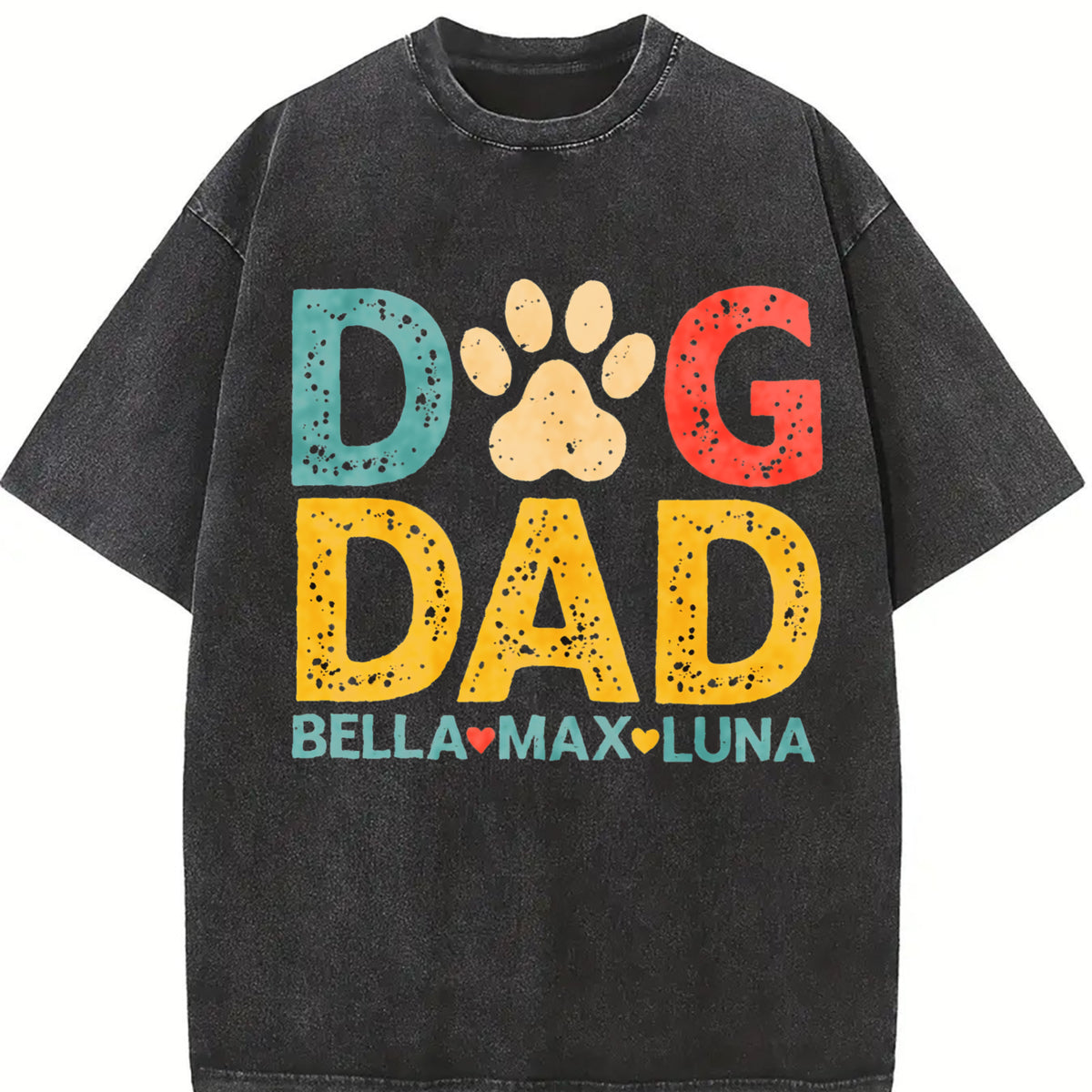 Personalized Dog Dad with Dog Names Vintage Washed T-Shirt in Black