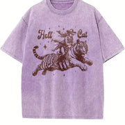 Hell Cat Cowgirl Riding Tiger Vintage Washed T-Shirt in Purple