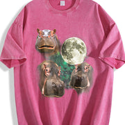 Three Hippo Retro Silly Hippo Moon Vintage Washed T-Shirt in Red