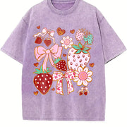 Boho Strawberry Coquette Vintage Washed T-Shirt in Purple
