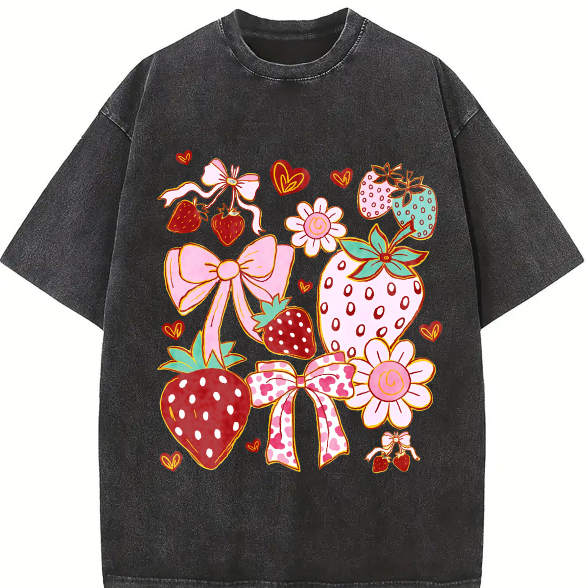 Boho Strawberry Coquette Vintage Washed T-Shirt in Black
