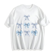 Toile Bow Blue Coquette Cute Ribbon Girly Girl Cotton T-Shirt in White