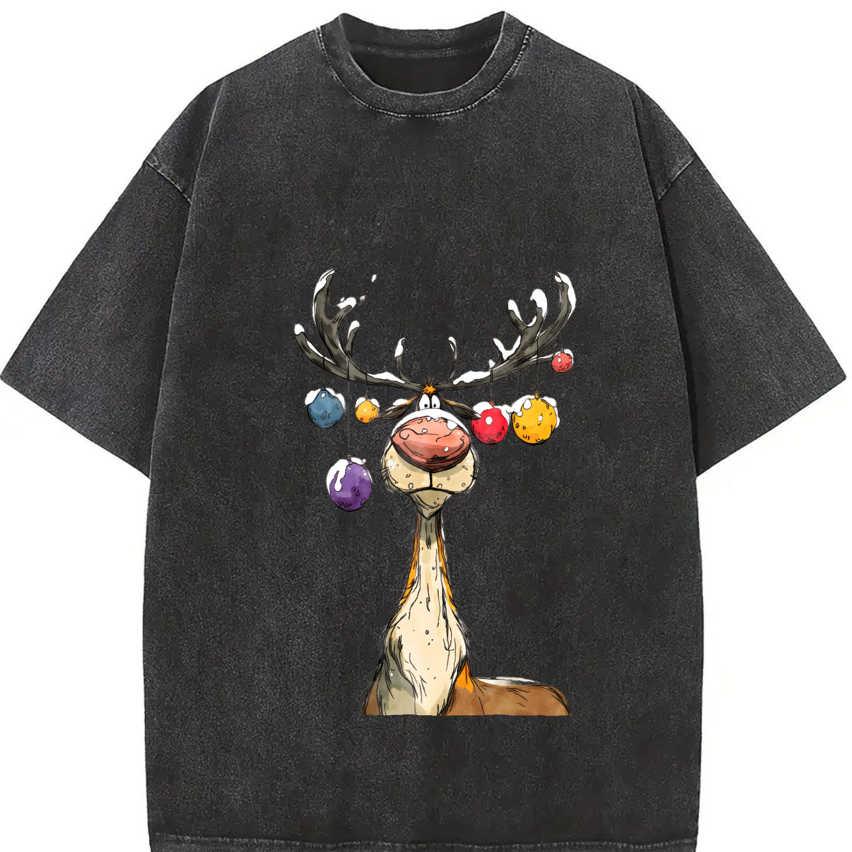 Christmas Reindeer Cute Christmas Vintage Washed T-Shirt in Black
