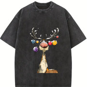 Christmas Reindeer Cute Christmas Vintage Washed T-Shirt in Black