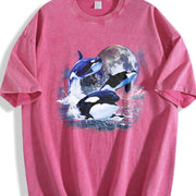 Three Orcas 90s Sea Animal Moon Midnight Vintage Washed T-Shirt in Red