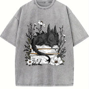 Inspired Whimsical Black Dragon & Floral Book Vintage Washed T-Shirt in Gray