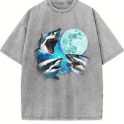 Three Sharks Retro Shark Moon Vintage Washed T-Shirt in Gray