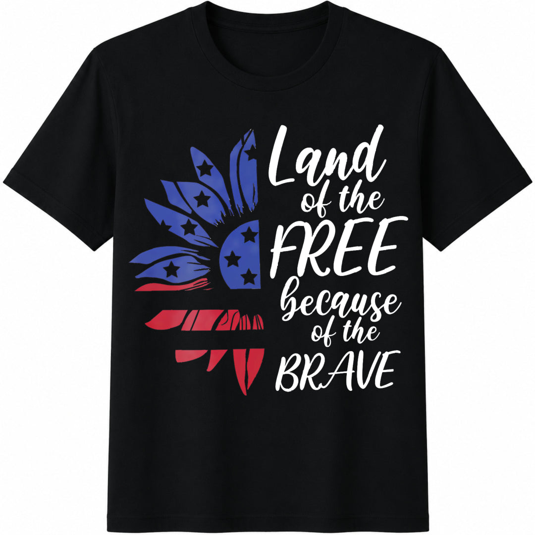 Land of the Free Because of the Brave Sunflower Cotton T-Shirt in Black