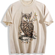 Animal Cartoon Owl 1pc Vintage Washed T-Shirt in Beige