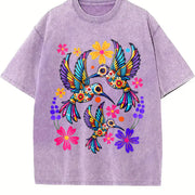 Short-sleeve with a Mexican and Bohemian Vintage Washed T-Shirt in Purple