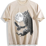 Owl 90s Retro Forest Bird Vintage Washed T-Shirt in Beige