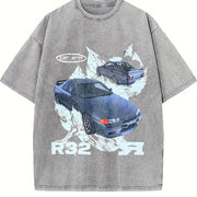 R32 Car Art Gothic Grunge Y2k Emo Scene Amity Affliction Vintage Washed T-Shirt in Gray