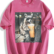Raccoon Drinking Iced Coffee Animal Meme vintage washed oversized T-shirt in Red