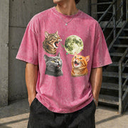 Three Cats Retro Moon Vintage Washed T-Shirt in Red