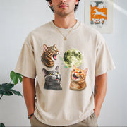 Three Cats Retro Moon Vintage Washed T-Shirt in Beige