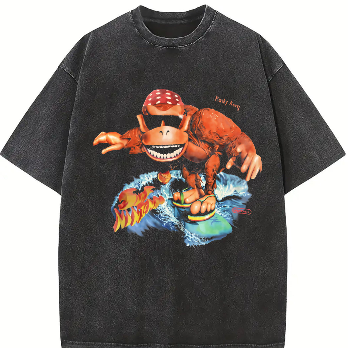 Funky Kong Surf Meme Animal Vintage Washed T-Shirt in Black