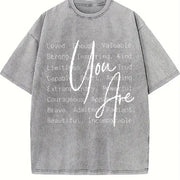 Inspirational Quote 'You Are Loved & Valued' Vintage Washed T-Shirt in Gray