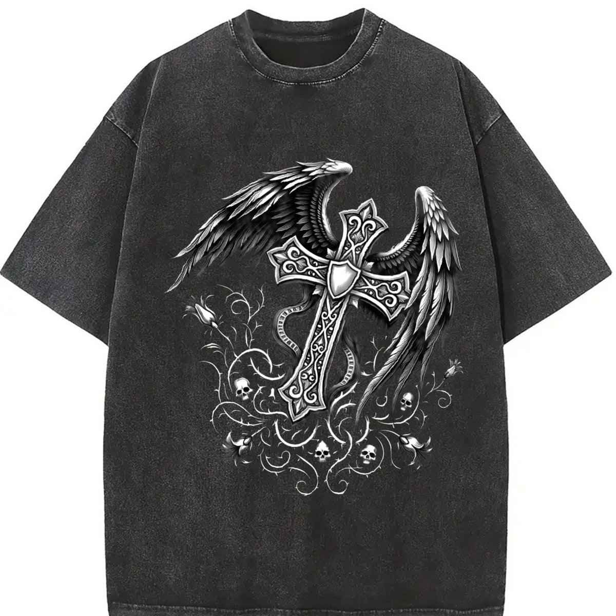 Winged Cross Vintage Washed T-Shirt in Black