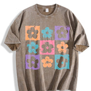 Checkered Flowers Retro Checkered Spring Vintage Washed T-Shirt in Brown