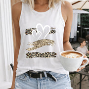 Heart Leopard Gold Stripe Crew-neck Sleeveless Vest Women's Color Cotton Tank Top in White