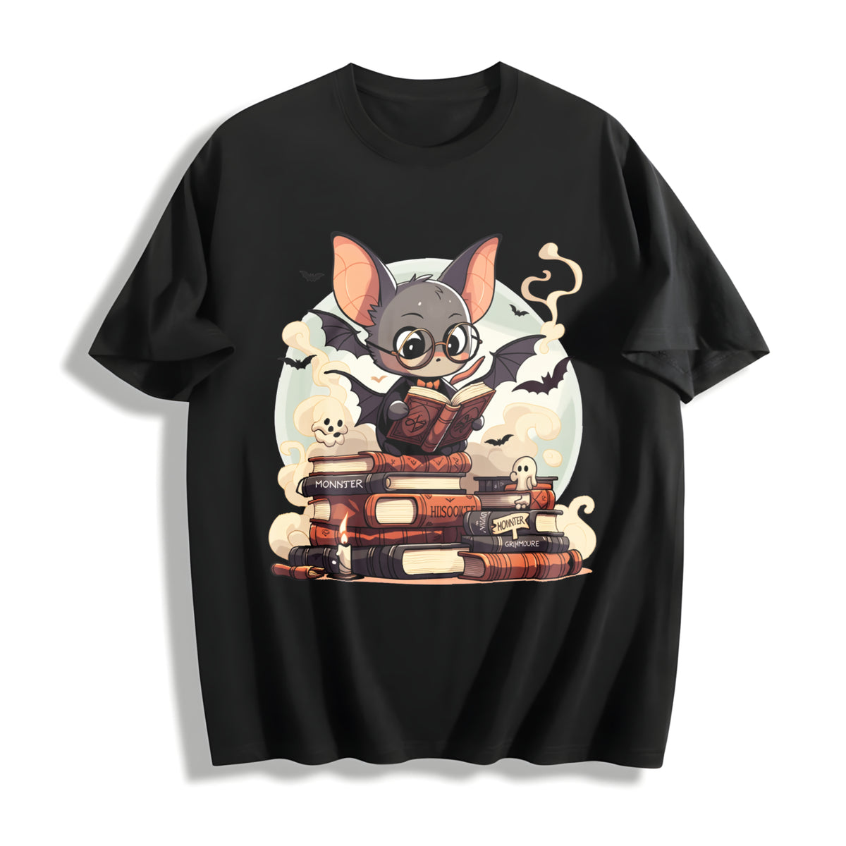A Playful of a Bespectacled Bat Reading a Magic Book Cotton T-Shirt in Black