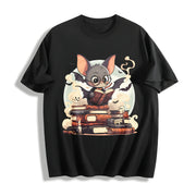 A Playful of a Bespectacled Bat Reading a Magic Book Cotton T-Shirt in Black