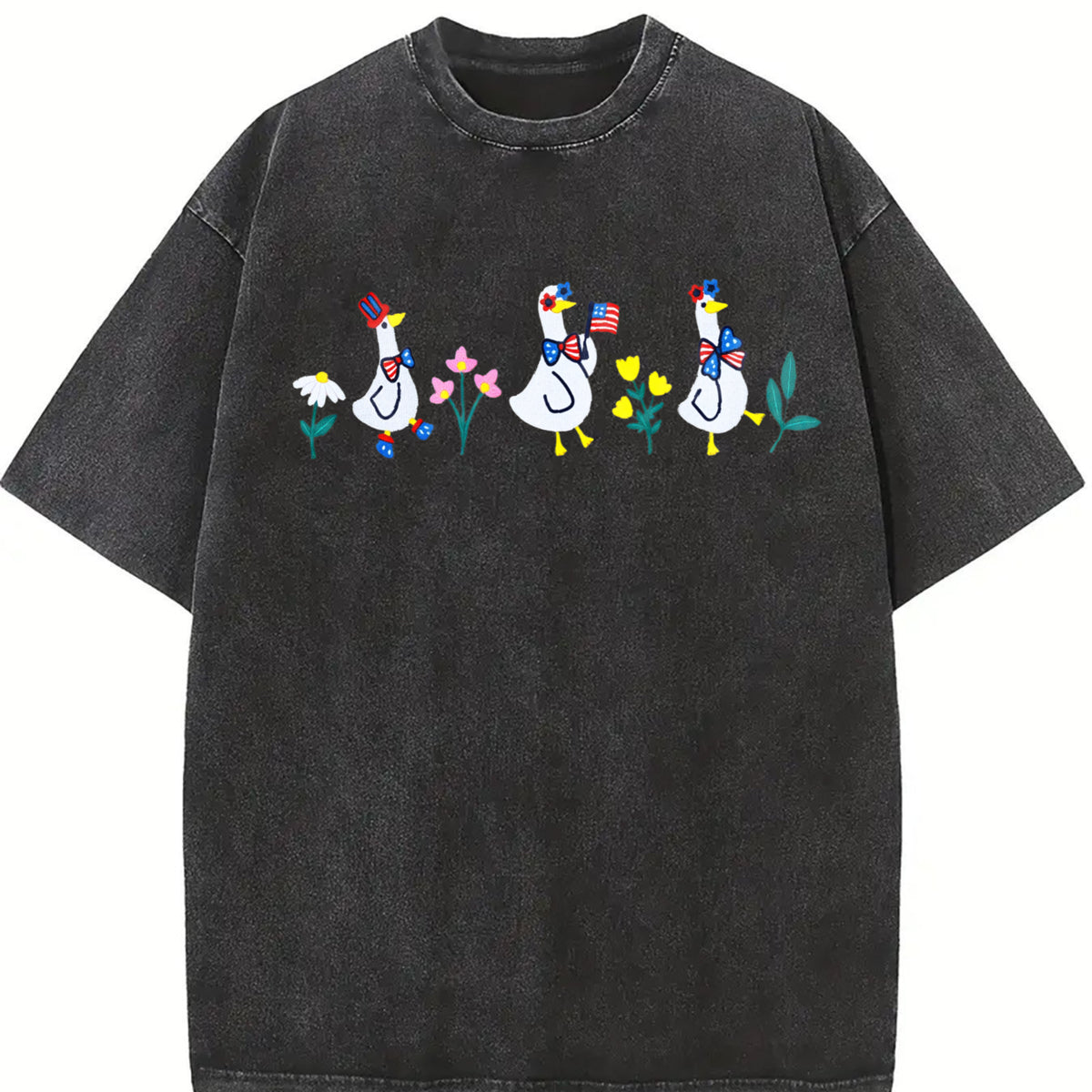Embroidered Patriot Floral Goose Vintage Washed T-Shirt in Black
