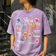 She Is Mom Bible Verses Christian Boho Floral Mother's Day Vintage Washed T-Shirt in Purple