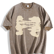Fun Retro Shriek Rock Patterned Grid Vintage Washed T-Shirt in Brown