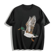 Embroidered Duck Animal Lover Cotton T-Shirt in Black