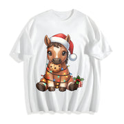 New Year Winter Year of the Horse Cartoon Pony Cotton T-Shirt in White