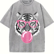Tiger & Bubble Gum Long Sleeve Pullover vintage washed oversized T-shirt in Gray