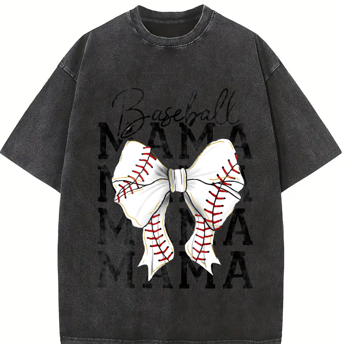 Baseball Mama Coquette Bow Vintage Washed T-Shirt in Black