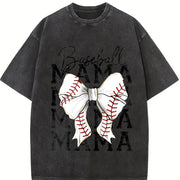 Baseball Mama Coquette Bow Vintage Washed T-Shirt in Black