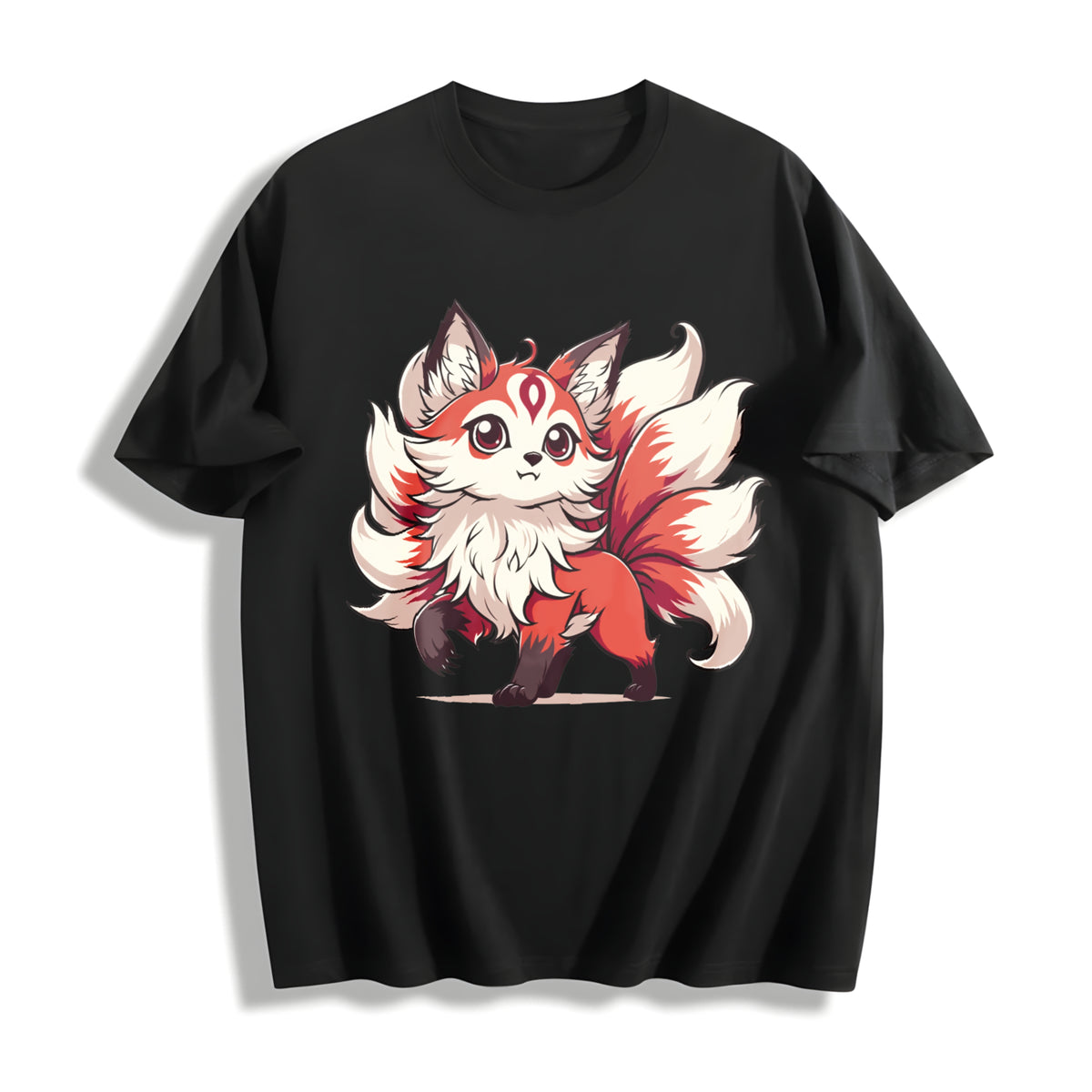 A Red and White Nine-tailed Fox Round-neck Short-sleeve Cotton T-Shirt in Black
