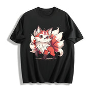 A Red and White Nine-tailed Fox Round-neck Short-sleeve Cotton T-Shirt in Black
