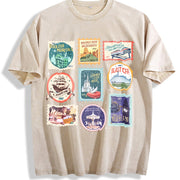 Theme Park Stamps Wildest Ride Happy Ever After Land Retro Vintage Washed T-Shirt in Beige